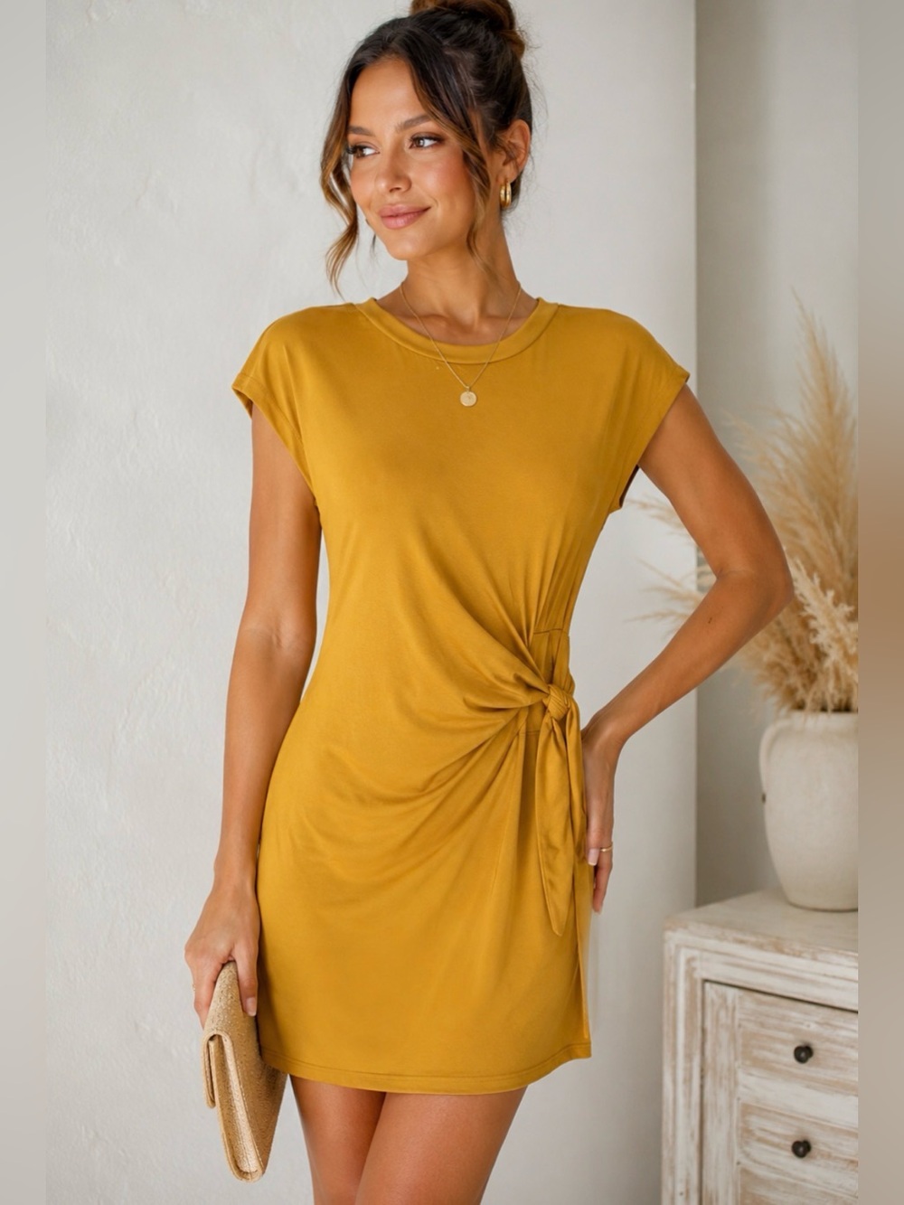 See You Monday LA Mustard Yellow Side Tie Ruched Dress Women’s Small NWT